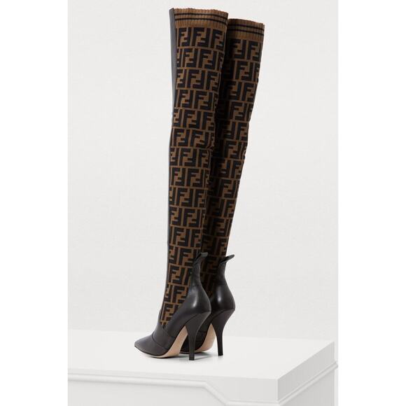 Fendi Rockoko Brown FF Logo Stretch Knit Sock Thigh High OTK Heel Pump Boot 35 - Picture 11 of 12